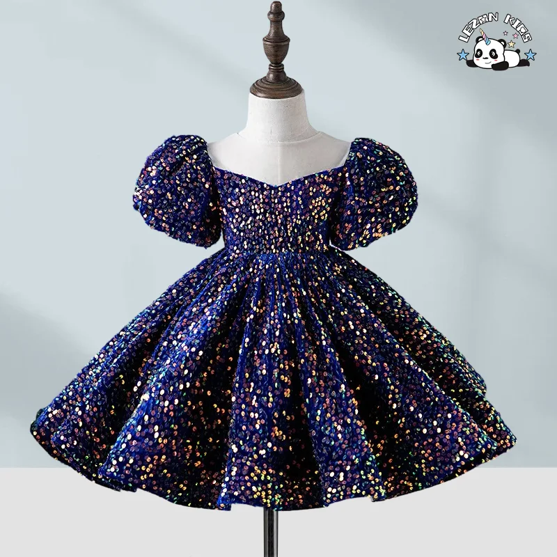 LEZONKIDS - Novo Vestido de Princesa de Aniversário com Lantejoulas, Vestido de Primeiro Ano, Vestido de Desempenho, Vestido de Menina, Vestido de Florista de Casamento com Manga Bolha
